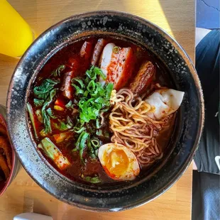 Shoyu ramen with pork belly and wonton.