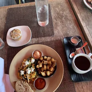 Veggie scramble, lemon poppy seed muffin, drip coffee (cream comes in this cute mini-milk container!)