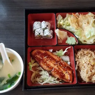 Salmon Teriyaki Bento Box with Miso Soup