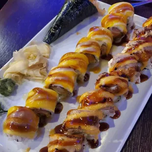 Spicy Scallop handroll, Mango Waikiki Roll, and Cowboy Roll