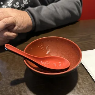 Emptied his bowl FAST from his 2. Clear Soup
