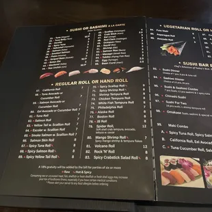 menu, sushi and sashimi
