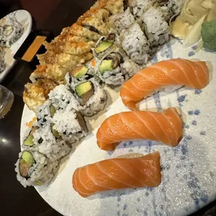 My sushi plate but see those beautiful salmon negiri rolls? I only got one because the baby ate the other two!!