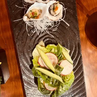 Oysters and a tasty salad with cucumber and radish