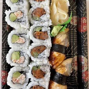 California Sushi Roll, Spicy Tuna Sushi Roll (Note: This one is not mild spicy, but SPICY spicy lol), Unagi Nigiri