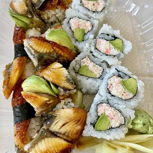 Unagi Nigiri, Dragon Sushi Roll, and California Sushi Roll