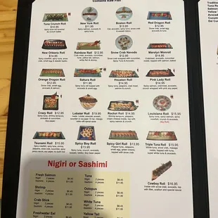menu, sushi and sashimi