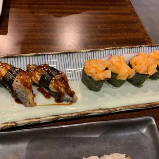 S10. Freshwater Eel Unagi) Sushi and S16. Spicy Scallops Chopped