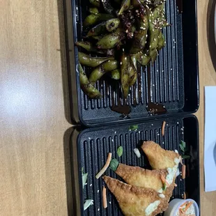 House Edamame with Garlic Sauce  Cream Cheese Wontons