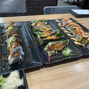 Dragon Sushi Roll, Baked Mussels with Sweet Sauce
