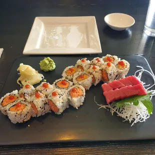 Spicy crunchy salmon roll, spicy crunchy tuna roll and tuna sashimi