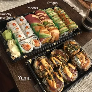 Crunchy 8 Pieces Crunch Spicy Tuna Roll, Phoenxi Roll, 8 Pieces Dragon Roll, 6 Pieces Yama Roll