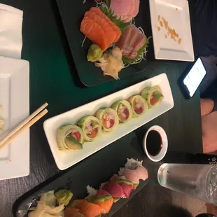 8 Pieces Rainbow Roll, Sashimi Entree and some low carb cucumber wrapped roll