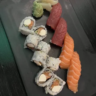 Tuna and salmon sushi with a Philly roll