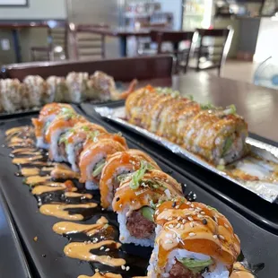 a long row of sushi rolls