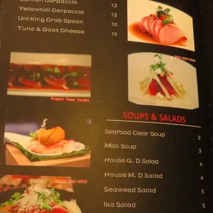 sushi and sashimi, menu