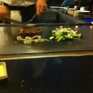 Steak &amp; shrimp. Vegetables are broccoli, onion, zucchini &amp; mushrooms