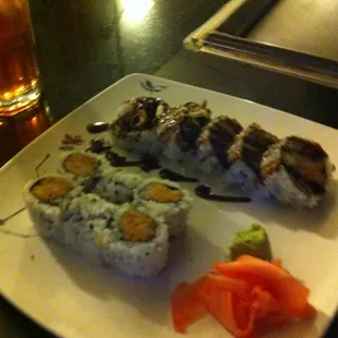 Bottom spicy yellow tail, top tempura crab roll