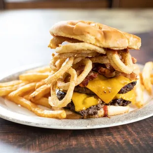 a cheeseburger and fries