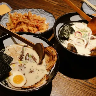 Tonkotsu Miso Ramen, Seafood Ramen, &amp;  Geso Kara (Calamari)