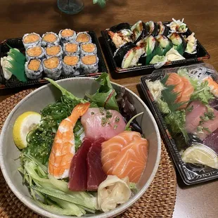 Sashimi, Spicy Salmon Roll, Shrimp Tempura roll