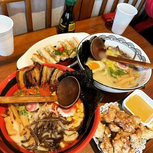 Akira Volcano Ramen (left) Gyoza (top) Karaage Ramen (right &amp; bottom)