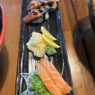 Salmon sashimi and eel sushi