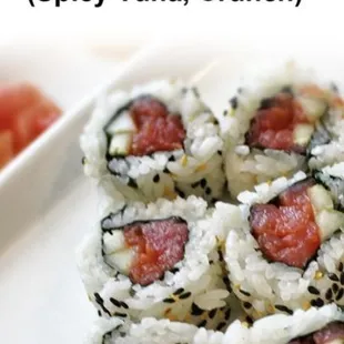 a plate of spicy tuna rolls