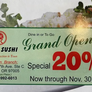 Grand opening special 20% off now thru November 30th 2022
