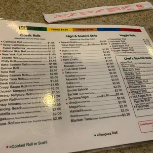 the menu for the restaurant