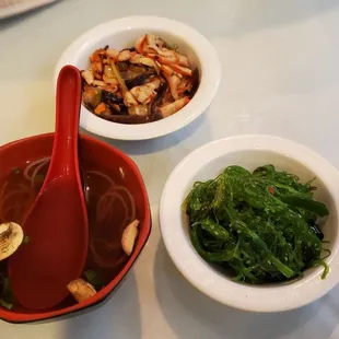 Clear Soup. Seaweed Salad, Squid Salad