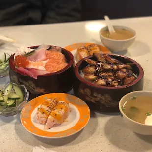 Seared sushi. Chirashi Don-Raw and Unagi Don came with cucumber and miso soup.