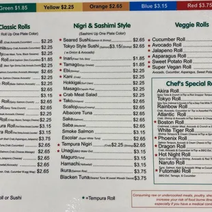 Back of menu