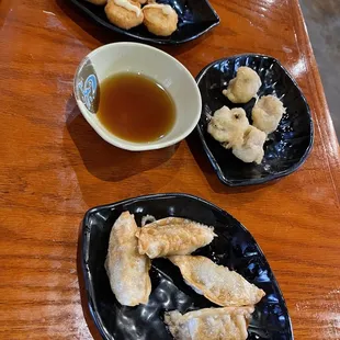 Fried Scallops (back), Fried Mushrooms (middle), Fries Dumplings (front)