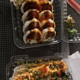Overly sauced hard rice, filled sushi with old fish.