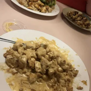 plain teriyaki chicken and shrimp sauce, teriyaki chicken with rice and broccoli and side of mushrooms