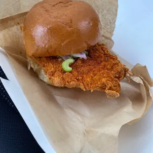 Hot chicken sandwich. Very huge piece of chicken.