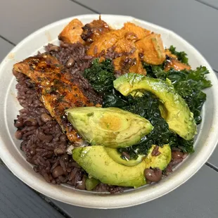 Waakye &amp; Pan-sear Salmon with avocado, kale, potatoes and spicy honey.