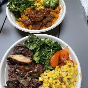 Tomato rice with braised beef and broccoli on top and black bean rice with chicken and carrots on bottom