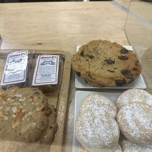 Vegan chocolate chip cookies, almond cloud cookies, oatmeal chocolate chip coconut cookies.