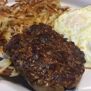 That huge sausage with eggs and hash browns.