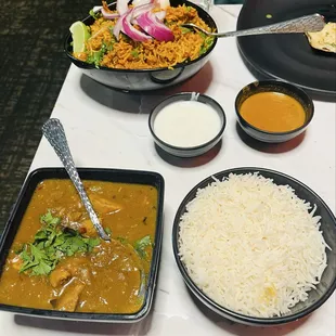 Shrimp biryani and chettinad chicken curry