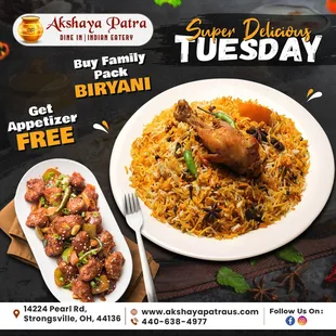 Family Feast Fiesta! 

 Buy  Family Pack Biryani 
And Get a Free Appetizer  
For further queries please call us - 440.638.4977