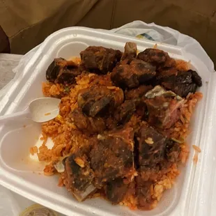 a meal in a styrofoam container