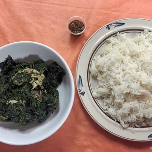 Spinach (with meat).  Note small hot sauce, which is VERY hot and more than I needed for the meal. 2/28/16