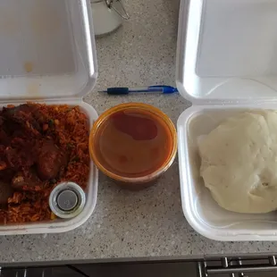 Jollof rice (left) &amp; Pounded Yam + stew in the center.