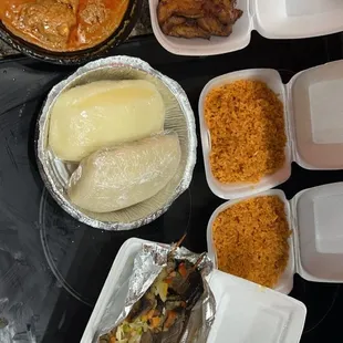 Beef kabobs, Jallof Rice, cassava fufu, yam fufu, peanut butter soup, fried plantains