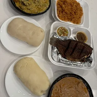 Beef Peanut Butter Soup with Yam Fufu  Chicken Egusi with Cassava Fufu Half Fried Tilapia with Jollof Rice