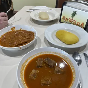 Peanut butter and pepper soup with two different kinds of fufu