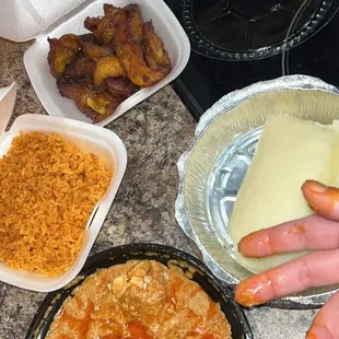 Fried plantains, Jallof rice, Yam Fufu, peanut butter soup